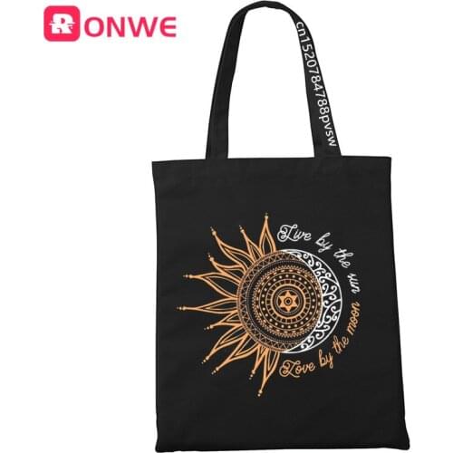 Love By The Moon Live By The Sun Black Women Shopping Canvas Bag Female Girl Tote Eco 90s Style Shopper Shoulder Bags,Drop Ship