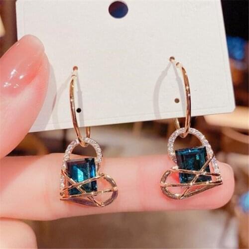 Summer Blue Crystal Heart-Shaped Earrings Wedding Womens Charming Clip Gold Earrings Korean Style Temperament Female Jewelry