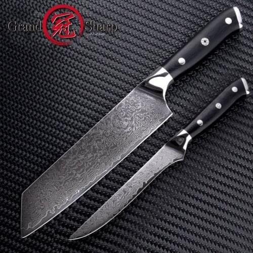 Grandsharp 2 Pcs Kitchen Knife Set 67-Layer VG10 Japanese Damascus Steel Kitchen Knives Kiritsuke Boning Chefs Knives Cooking