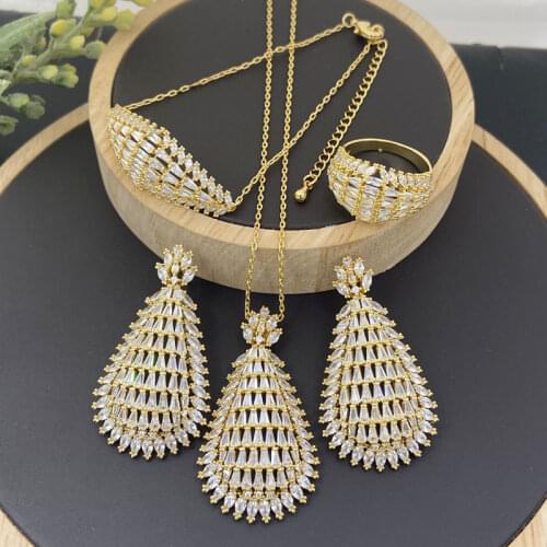 Lanyika Fashion Jewelry Set Elegant Rectangle Zirconia Necklace with Earrings, Bracelet and Ring for Woman Wedding Party Gifts
