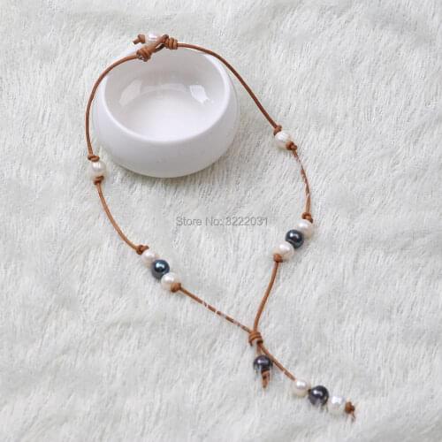 Ambrum Knotted Near Round Pearls Necklace,Pendant Leather Necklace,Freshwater Pearls Jewelry,Custom Charm Necklace,Handmade New