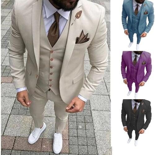 Beige Mens Suits Three Piece Jacket Pants Vest Custom Slim Fit Male Blazer Wedding Groom Tuxedos Men Suit