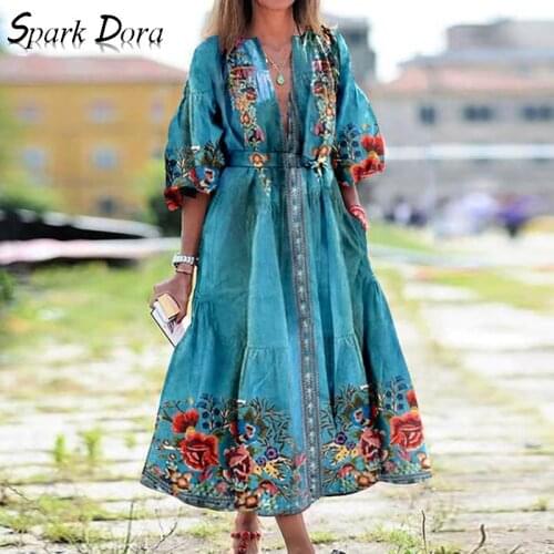 Dresses For Women Plus Size Fashion Streetwear Bohemian Printed Lantern Sleeve V-neck Vintage Hit Color Pockets Dress Women