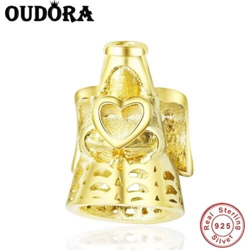 Fit Original Pandora Charm 925 Sterling Silver Bracelet Golden Heart Angel Charms Beads For Fashion DIY Jewelry Berloque Gift