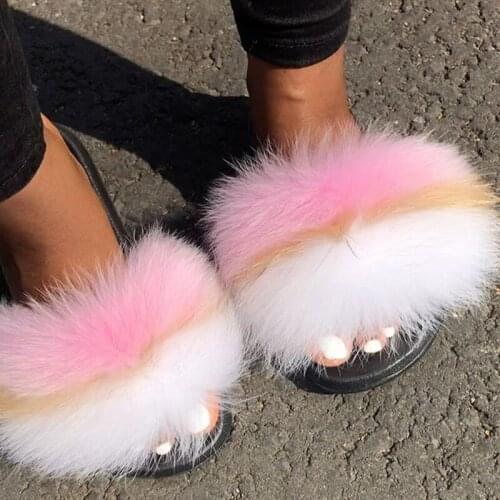 Furry Slides Women Real Fox Fur Sandals Cute Mix Color Raccoon Real Fur Flip Flops Flat Summer 2021 Free Shipping Size 3 5 12