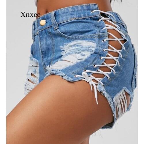 High Waist Hollow Lace Up Denim Mini Shorts Sexy Summer Bandage Women New Ripped Femme Tassel Frayed Short Jeans Pants Clothing