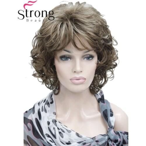 StrongBeauty Short Soft Shaggy Layered Full Synthetic Wig Brown Highlights Curly Womens Synthetic Wigs