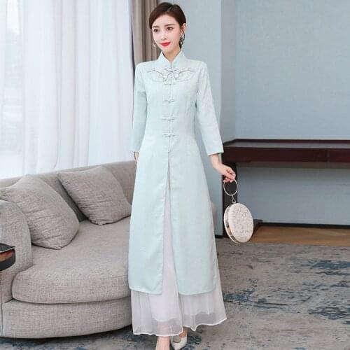 2021 traditional aodai set embroidery asian chinese style cheongsam for women dinner party costumes elegant formal dress set