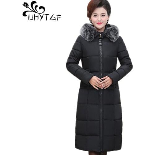 UHYTGF Women Winter Coats 3XL Plus size Female Parka Coat Women Warm Down cotton Long Thicken Big fur collar Cotton Jacket X487