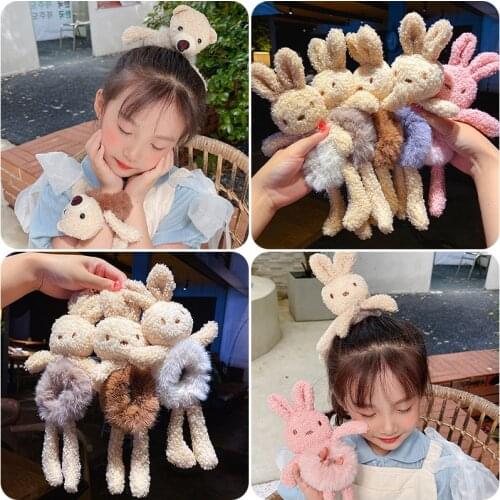 Web celebrity cute bear hug bear rabbit hair rope children sinews horsetail hair of fluffy hair bands to female head ornaments