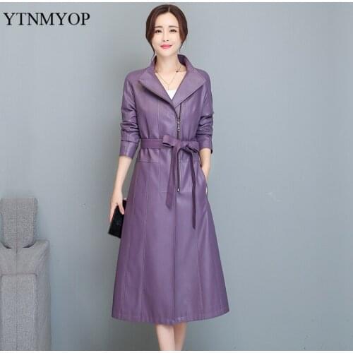 Spring Long Leather Trench Women Stand Collar Clothing Plus Size S-4XL Female Jackets High Street Outerwear Zipper Suede YTNMYOP