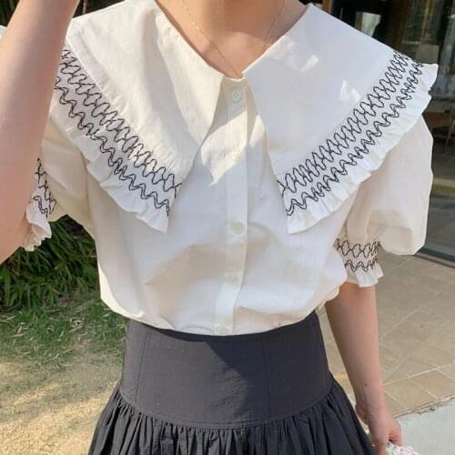 Vintage Big Lapel Womens Shirt Korean Fashion Ruffles Elegant Blouse Women Sweet Loose Tops Short Sleeve White Blusas 15165