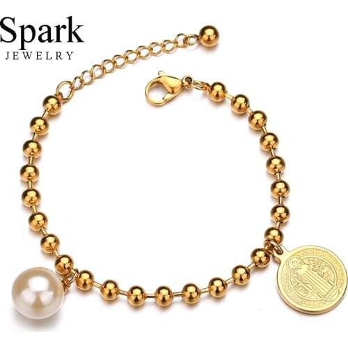High Quality Christian Simulated-pearl Jesus Charm Bracelets For Women Adjustable Religious Stainless Steel Pendant Pulsera