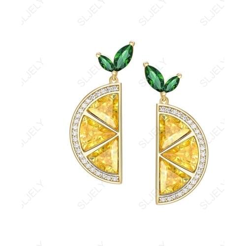 SLJELY Fashion Solid 925 Sterling Silver Yellow Zircon Fruit Lemon Earrings for Women Party Summer Vacation Jewelry