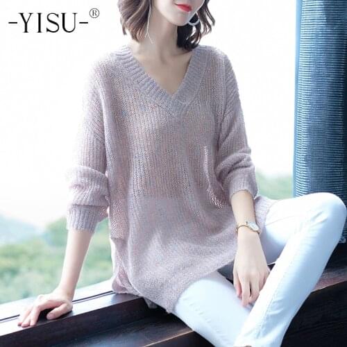 YISU Autumn Winter New Mohair Sweater Women V-Neck Long sleeved Pure color Pullover Tops loose Jumper Sweater Women
