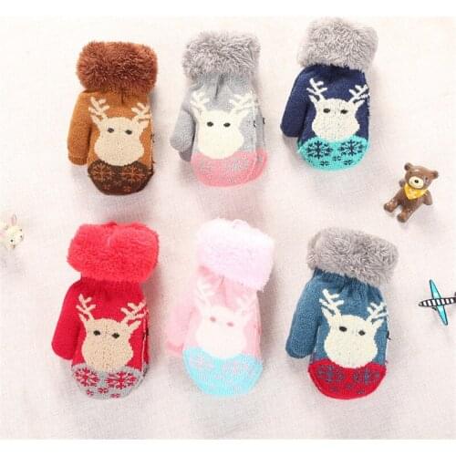 1Pair Christmas Baby Girls Boys Gloves Knitted Xmas Elk Mittens Kids Velvet Thicken Outdoor Winter Warm Soft Gloves For 1-3Y