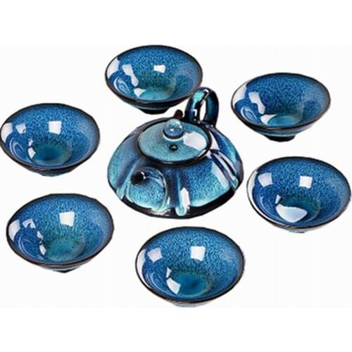 7Pcs/set Ceramics Chinese Kung Fu Teaware Set 1 Teapot 6 Cups Blue Amber Glaze Porcelain Home Office Tea Accessories Gaiwan