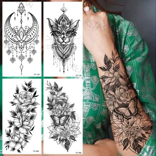 Black Dahlia Butterfly Temporary Tattoos For Women Girls Realistic Mandala Flower Flora Fake Tattoo Sticker Arm Back Tatoos DIY