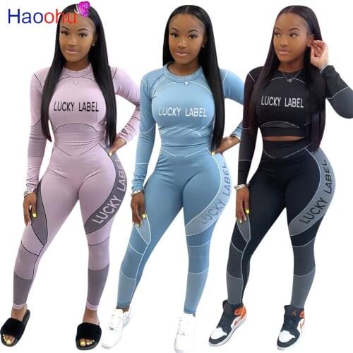 HAOOHU Lucky Label Print Womens Set Long Sleeve Tee Tops Legging Pants Set slimTracksuit Two Piece Outfit sportwear