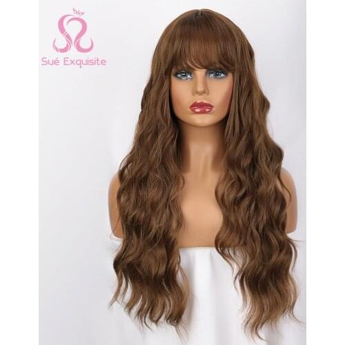 SUe EXQUISITE Long Brown Ombre Synthetic Wigs for Black Women Natural Hair Heat Resistant African American Hair