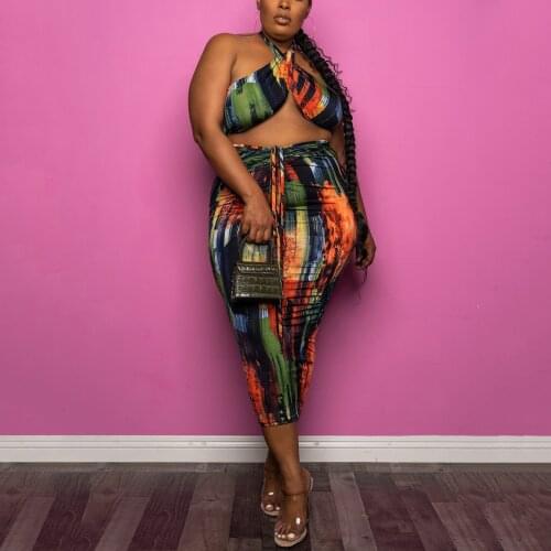 2 Pieces Sets Womens Outfits Skirt Plus Size 4XL 5XL Crop Tops & Skirts Printed High Waisted Bodycon Sexy Evening Night Club Set