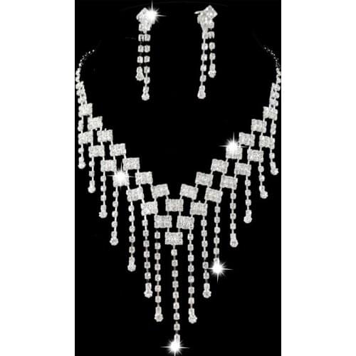 Luxury Female White Crystal Jewelry Set Charm Silver Color Tassel Dangle Earring For Women Dainty Zircon Wedding Chain Necklace