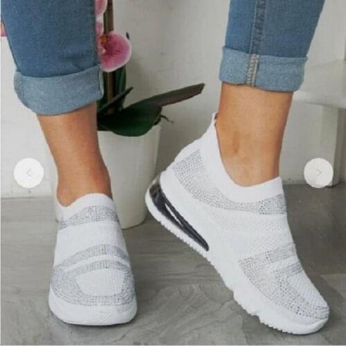 Running Sports Shoes Summer Women Lady Casual All-Match Bling Rhinestone Flying Knitted Woven Mesh Air Soft Sneakers Increasing