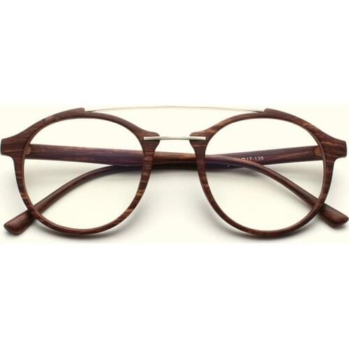 Round vintage imitation wood double beam glasses frame men and women classic decoration high quality flat mirror with box LXL