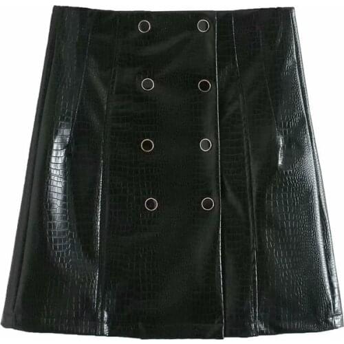 Mini Crocodile Pattern Skirts Office Lady High Waist Double Buttons Black Brown New Fashion Women A-Line Faux Leather Pu