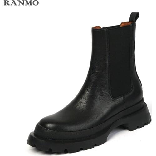 Fashion leather boots ladies thick-soled Chelsea boots British style winter thick-soled ankle boots mid-tube boots womens boots