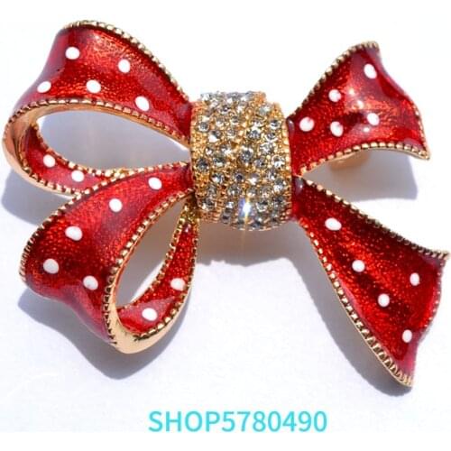 Fashion Jewelry Red Color Ribbon Rhinestone Brooches for Women Elegant Enameled Pin Lady Christmas Gift Holiday Dress Decoration
