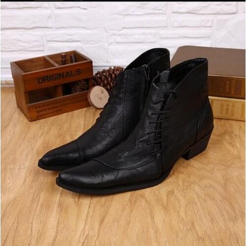 Men boots Mens shoes cowhide personality lace-up Leather boots with pointed toes high tops fashionable
