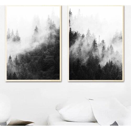 Forest Foggy Wall Art Print Black And White Tree Poster Nature Landscape Canvas Painting Nordic Wall Picture Living Room Decor