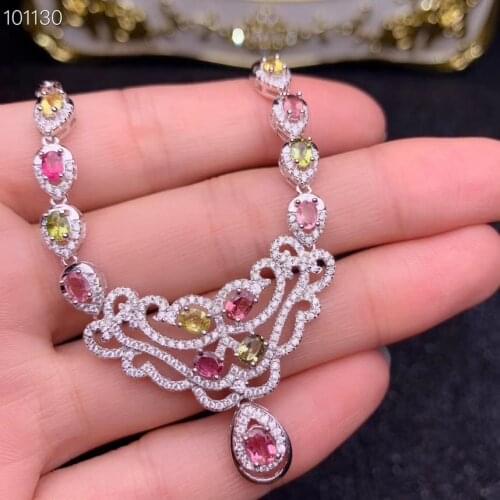 Natural Multicolor tourmaline necklace S925 silver natural gemstone necklace Luxurious water drop Flower woman party jewelry