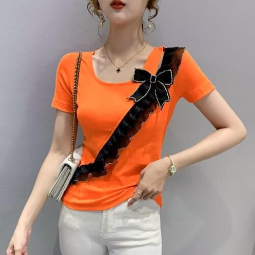 New 2021 Summer Women T-Shirt Fashion Casual Short Sleeve Bow Striped Tops Plus Size Women Clothing Blusas