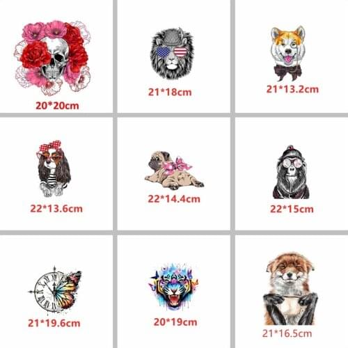 Glasses Dogs Head Colorful Tiger Skull Clock Heat Transfer Sticker For DIY T-shirt Hoodies Clothes Handbag Applique Decor 2020