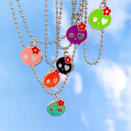 Egirl Aesthetic Rainbow Skull Necklace for Women Y2K Jewelry Harajuku INS Flower Heart Necklace 2000s Fashion Friends Gifts