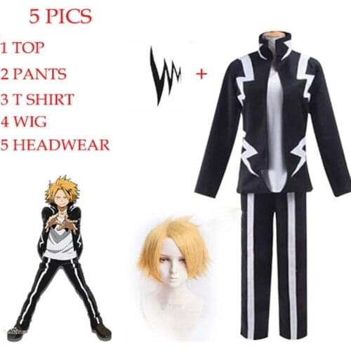 5pics Anime My Hero Academia Denki Kaminari Cosplay Wigs Short Golden Heat Resistant Synthetic Cosplay Wigs Black Lightening set