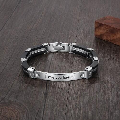 Adjustable Engraved Name Bar ID Bracelet For Men Silver with Black Stainless Steel Hand Chain Bracelets & Bangles