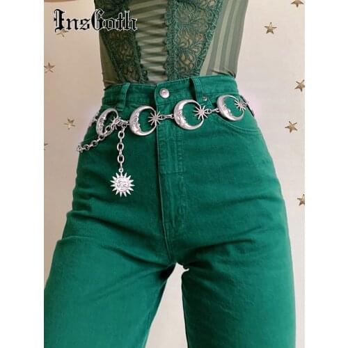 InsGoth Harajuku Punk Moon Metal Belts Women Vintage High Waist Chain Waist Belts Gothic Moon Sun Sliver Pendant Belts Female