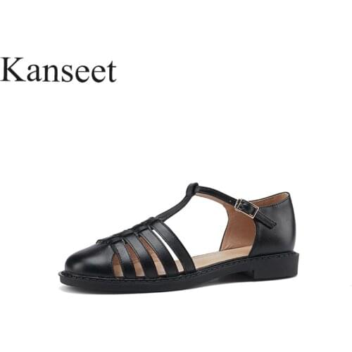 Kanseet 2021 Round Toe Summer Buckle Strap Hollow Out Casual Shoes Women Sandals Genuine Leather Beach Sandals Low Heels Shoes