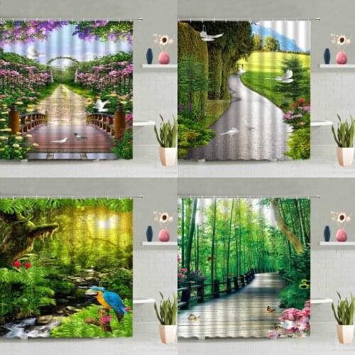 Natural Scenery Shower Curtain 3d Bamboo Forest Garden Green Plants Flowers Animals Parrot Birds Deer Washable Hanging Curtains