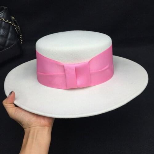 In the spring and autumn winter about new white wool hat English fashion elegant with pink brand