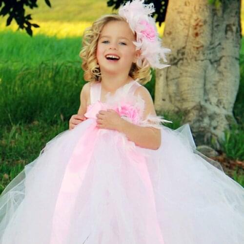 Vintage Spring Summer Kids Girls Dresses Wedding Flower Girls Tutu Dresses Feather Flower Toddler Girls Birthday Party Clothes