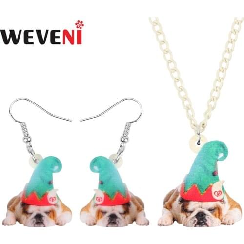 WEVENI Acrylic Christmas Hat Bulldog Dog Jewelry Sets Necklace Earrings Decorations Jewelry For Women Girls Teens Accessory Gift
