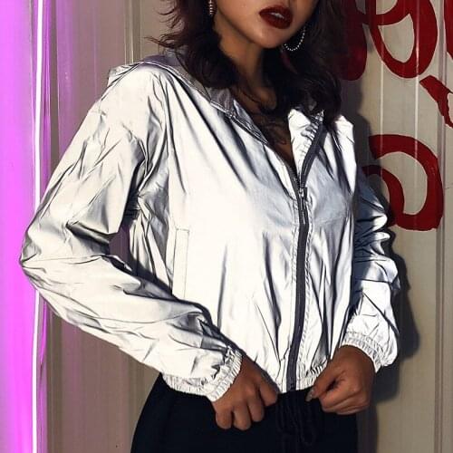 Women Oversize Jacket Reflective Windbreaker Hoodie Zipper Up Outfit Long Sleeve Solid Color Wild Fashion Coat for Autumn Winter