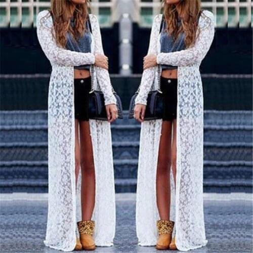 Women Beach Wear Sheer Thin Lace Floral Crochet Long Cardigan White Lace Beach Cover Ups Summer Clothes Saida De Praia Feminino