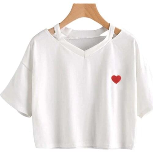 Summer Short sleeve Loose Streetwear Vintage T-Shirt Womens V-neck sexy Gothic Embroidery Love-Heart Harajuku Fashion Crop Tops