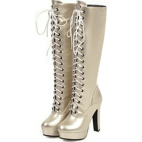 Lace Up Knee High Boots Women Winter Autumn Fashion Gold Silver High Heel Platform Boots Woman PU Leather Shoes Large Size 46