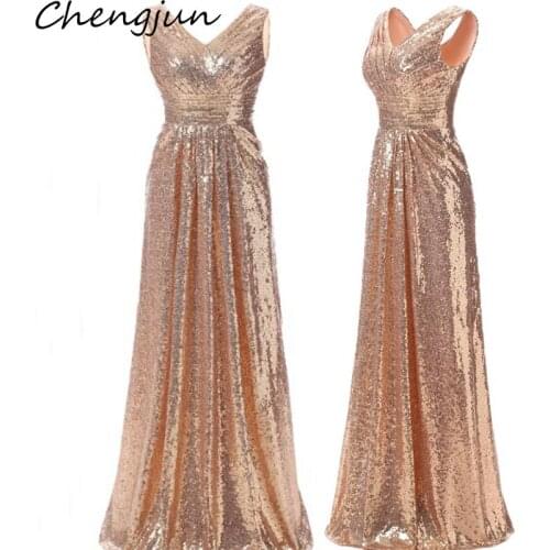 Chengjun Women Cheap Sleeveless Sequin Long Rose Gold Bridesmaid Dress